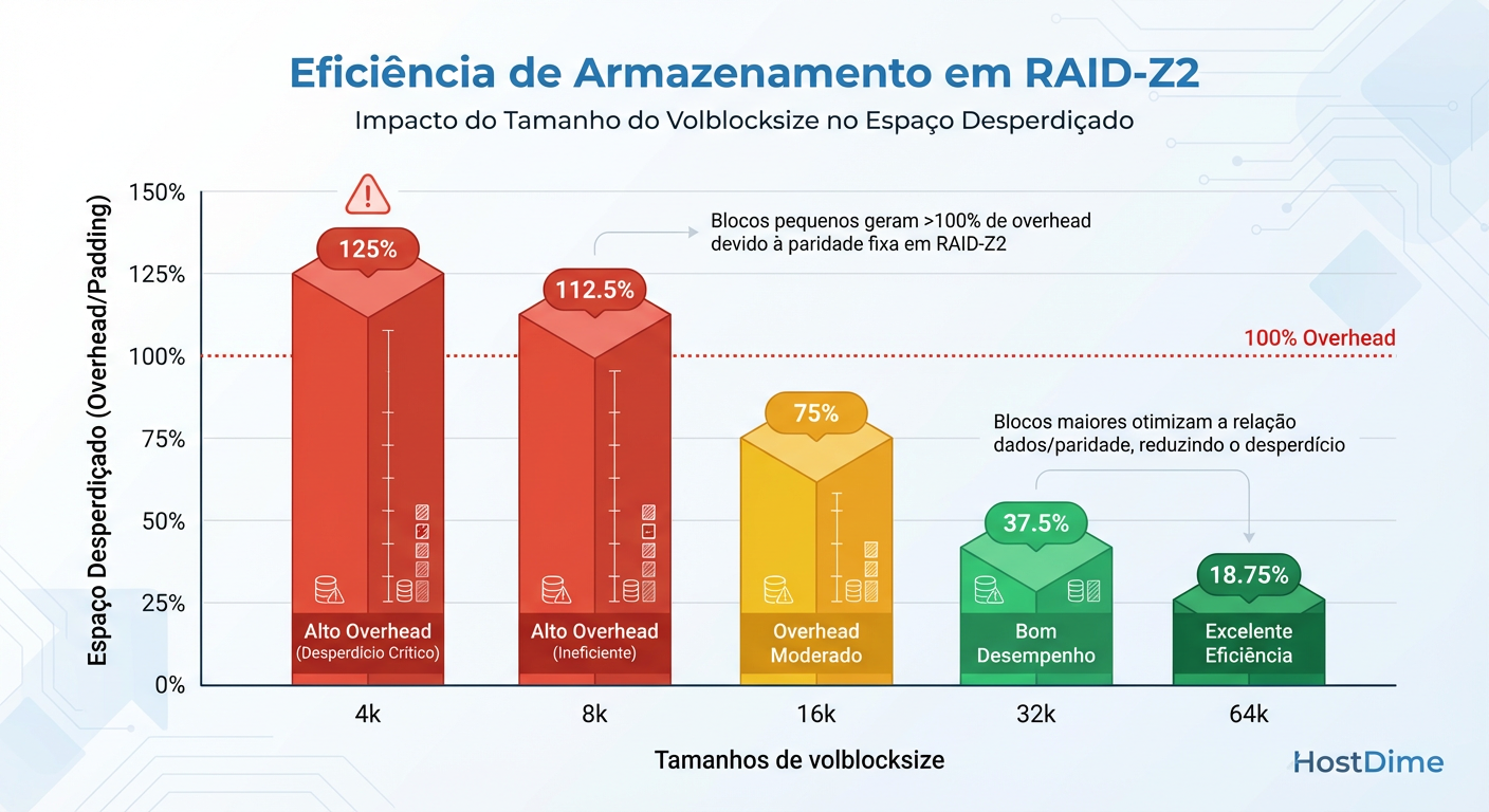 A Ilusão do Espaço: Por que usar volblocksize pequeno em RAID-Z destrói sua capacidade útil.
