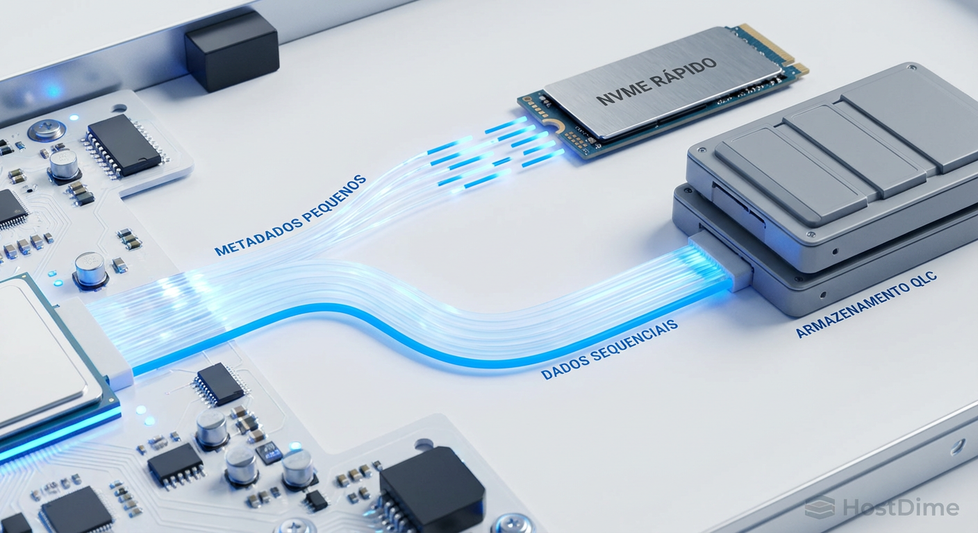 O fluxo de dados segregado: metadados pequenos e aleatórios fluem para o NVMe rápido, enquanto grandes blocos de dados sequenciais vão para o armazenamento de capacidade QLC.