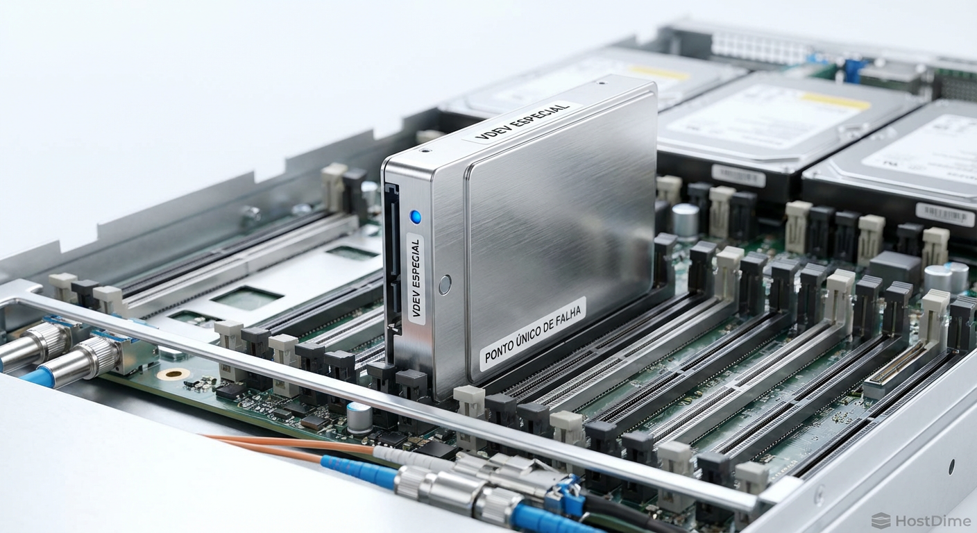 O risco crítico: um Special VDEV sem redundância é um ponto único de falha que pode derrubar todo o array de armazenamento.