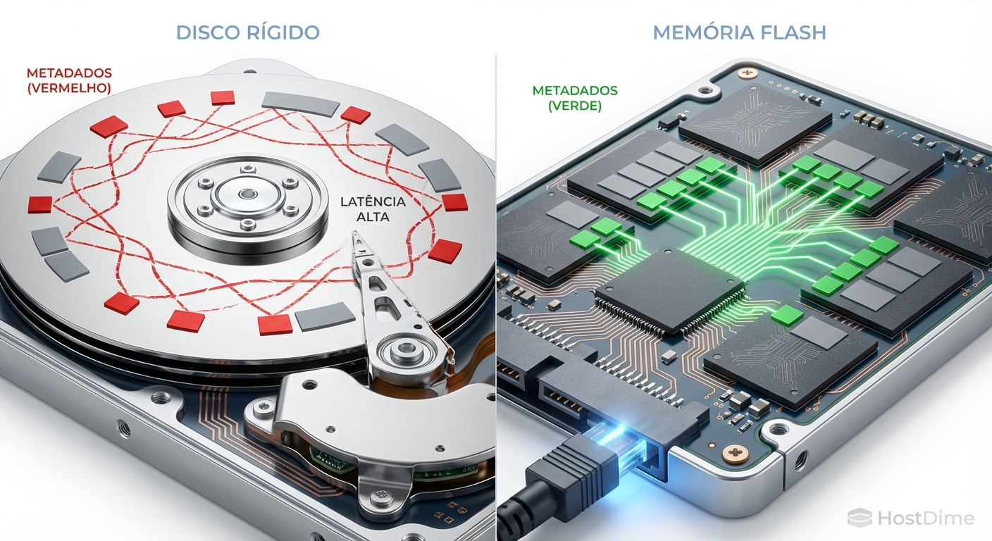 A tirania da física: A fragmentação de metadados em discos rotativos cria um gargalo mecânico insuperável, enquanto o flash oferece acesso quase instantâneo à estrutura da árvore.