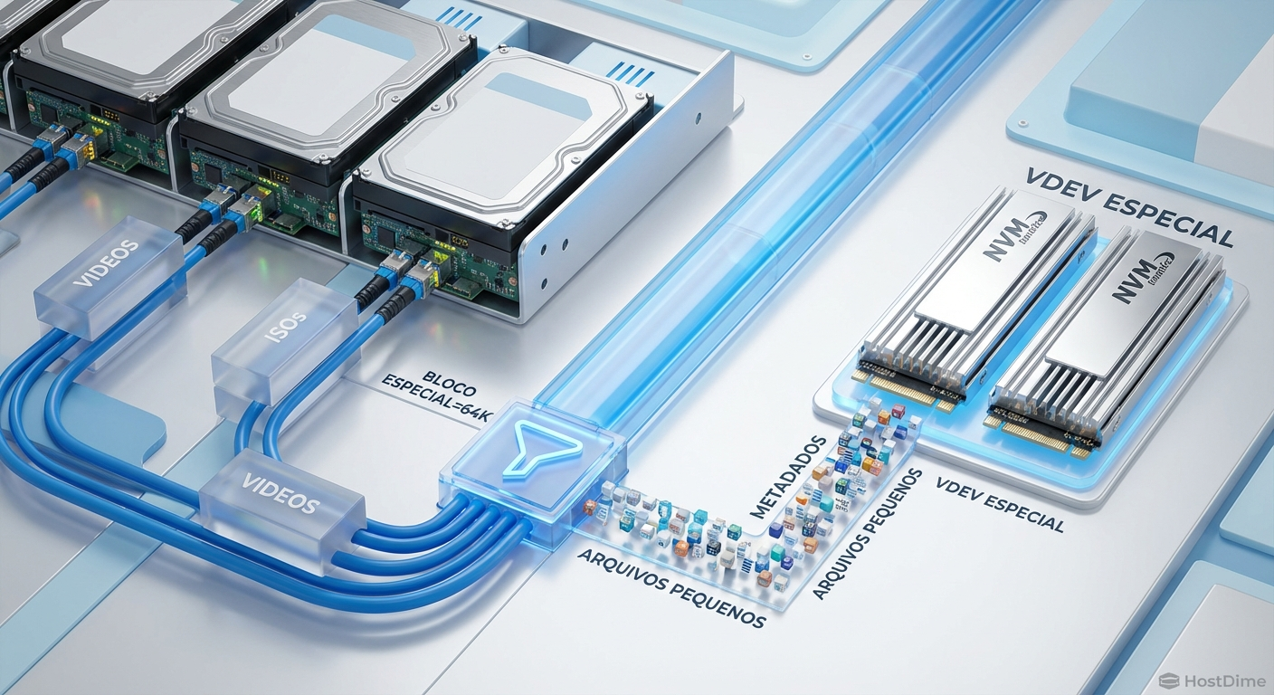 Segregação inteligente: O parâmetro special_small_blocks atua como uma peneira, garantindo que o IO randômico pesado de arquivos pequenos nunca toque nos discos mecânicos lentos.