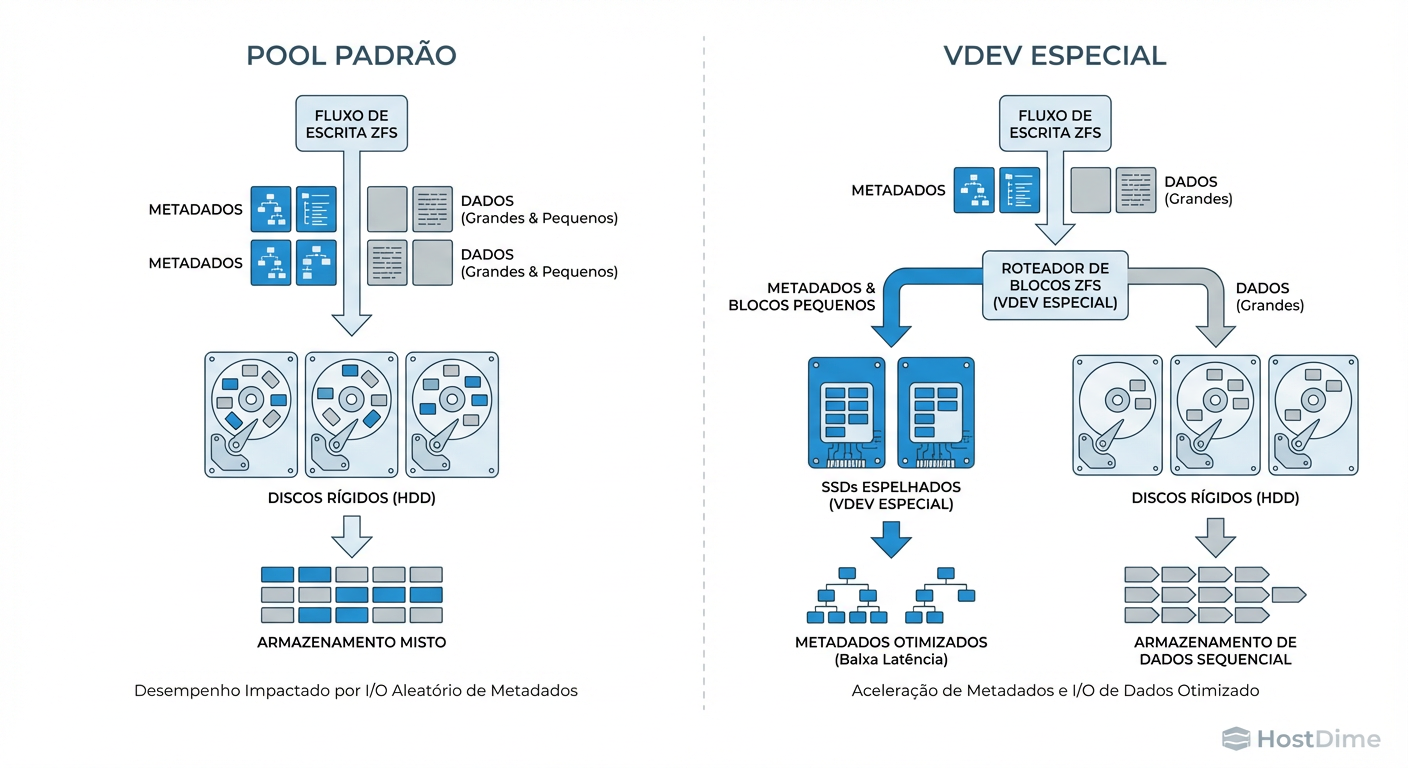 Fluxo de Alocação: O Special VDEV intercepta fisicamente metadados e blocos pequenos, impedindo que eles fragmentem o array mecânico.