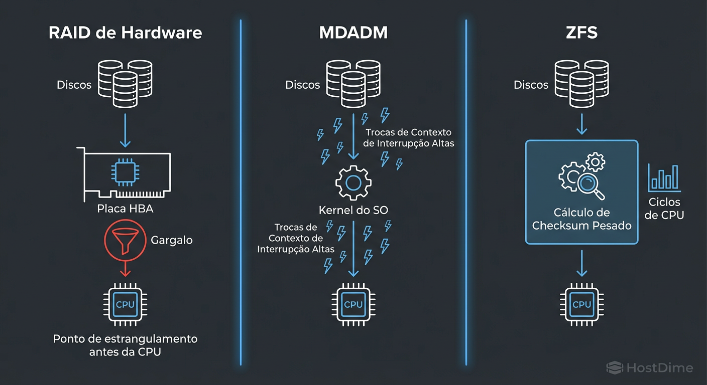 O Caminho do I/O: Onde a latência é introduzida em cada arquitetura de armazenamento.