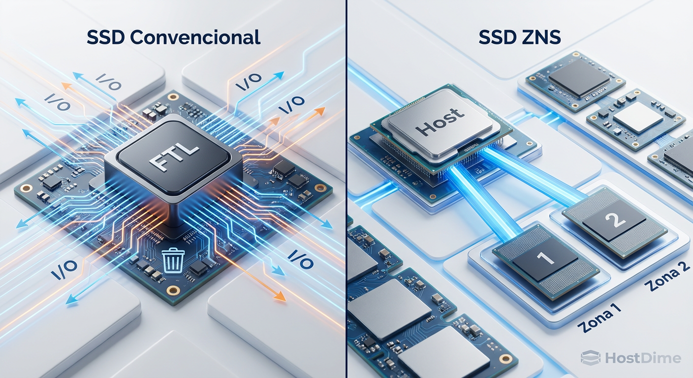 Comparação arquitetural: A opacidade da FTL convencional versus a transparência do gerenciamento pelo Host no ZNS.