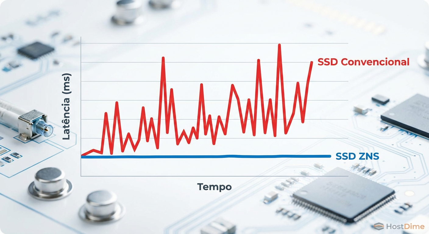 Estabilidade de Latência: A consistência do ZNS (azul) versus a imprevisibilidade causada pela GC em SSDs convencionais (vermelho).