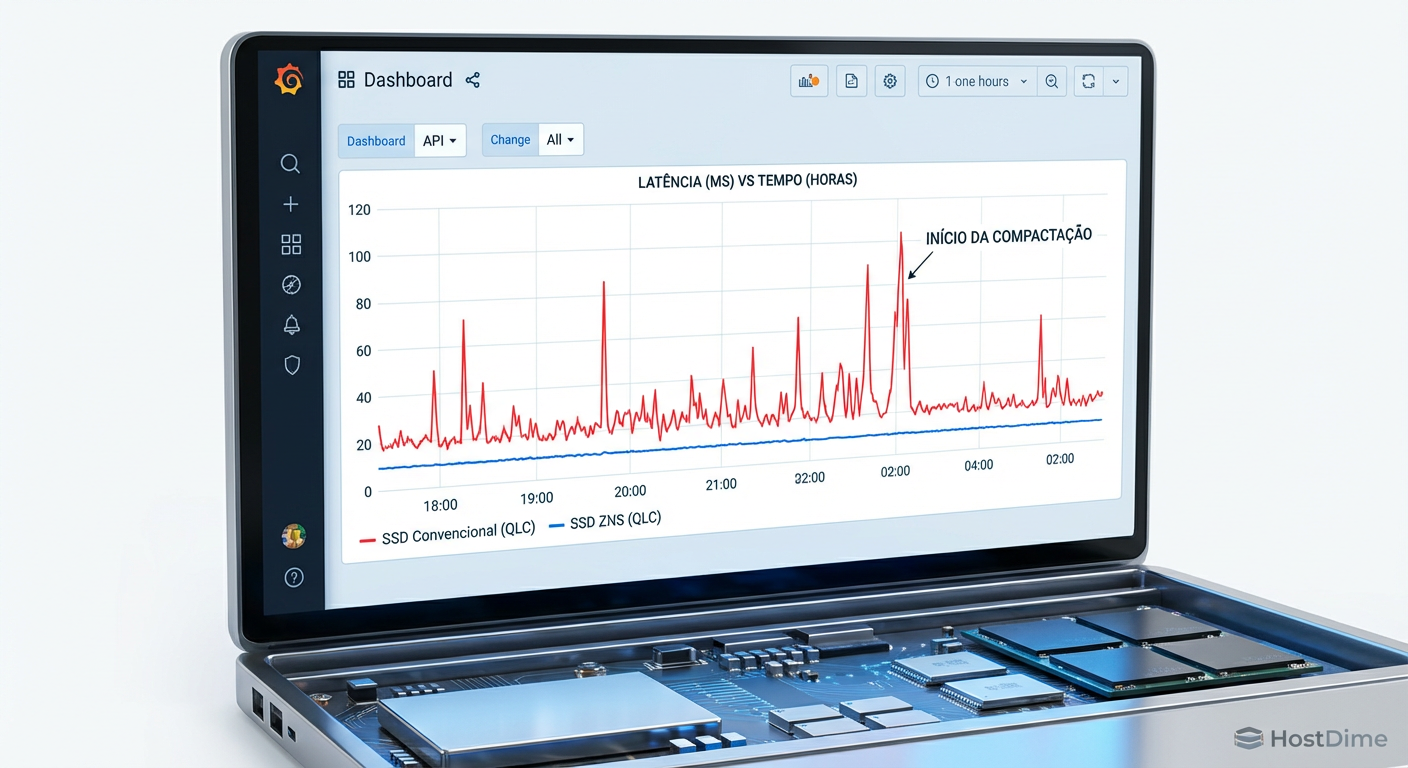 Monitoramento de latência: A estabilidade do ZNS frente aos picos imprevisíveis de um SSD convencional durante cargas de trabalho intensas.