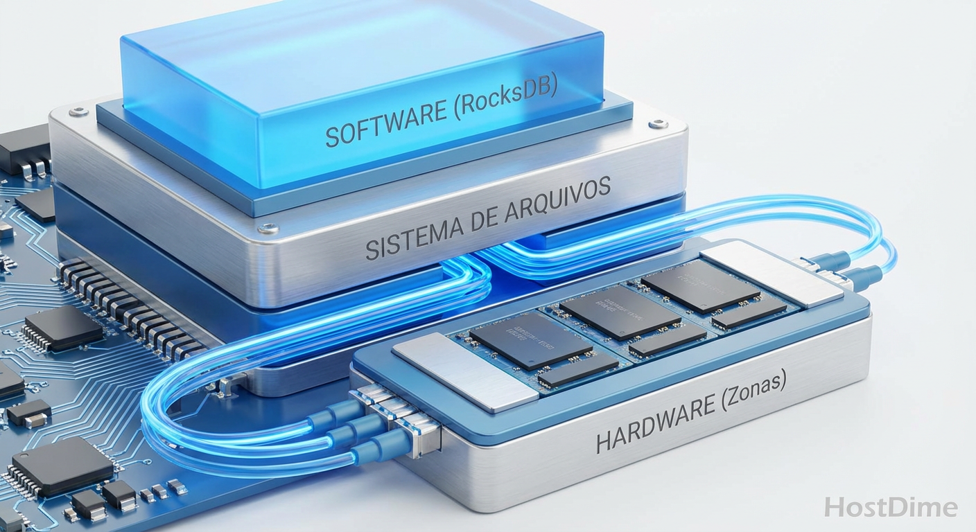 A pilha de software moderna: Como o RocksDB utiliza o ZenFS para pular as abstrações do sistema de arquivos e falar diretamente com as zonas do hardware.