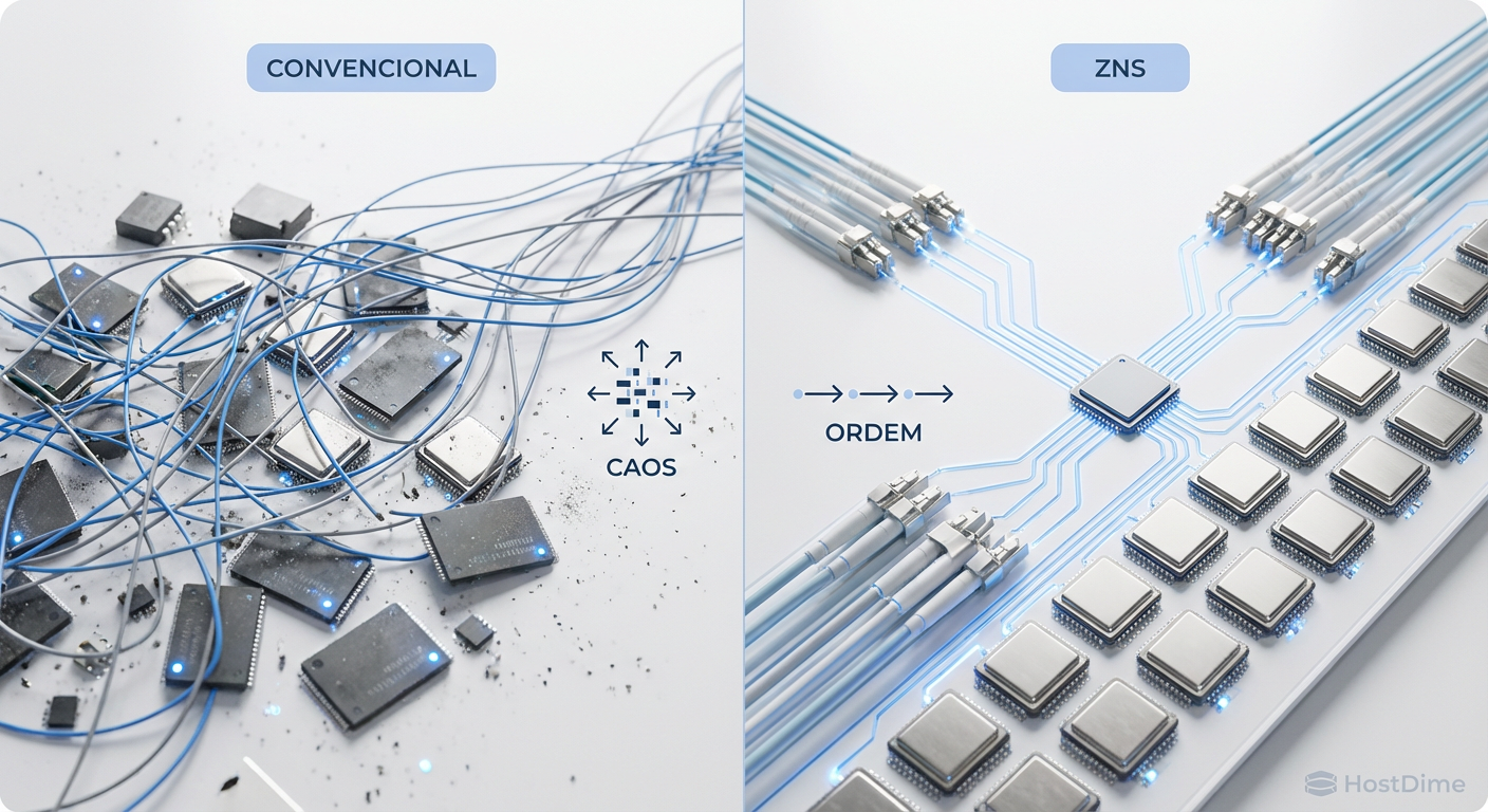 Comparação visual: A complexidade caótica da FTL em SSDs convencionais versus a limpeza sequencial da arquitetura ZNS.