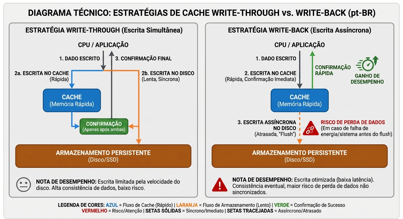 Diagrama comparativo de write-back vs write-through cache